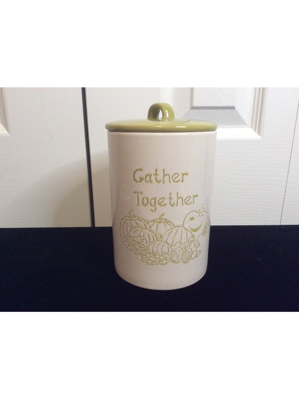 New Peanuts Autumn Green Lidded Ceramic Canister “Getting Together”